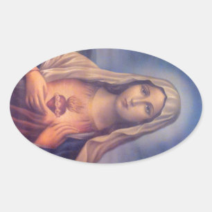 Pegatina Ovalada Hermoso Corazón Sagrado Religioso de la Virgen Mar