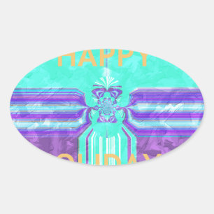 Pegatina Ovalada Hermoso diseño vector Cyan azul de vacaciones