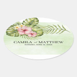 Pegatina Ovalada Hojas Y Flores Exóticas