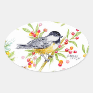 Pegatina Ovalada Holiday Chickadee Berry Branch Greeting Card