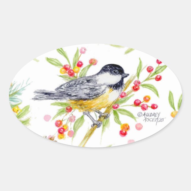 Pegatina Ovalada Holiday Chickadee Berry Branch Greeting Card (Anverso)