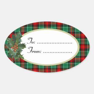 Pegatina Ovalada Holly Red Green Holiday Plaid Personalizado Gift P