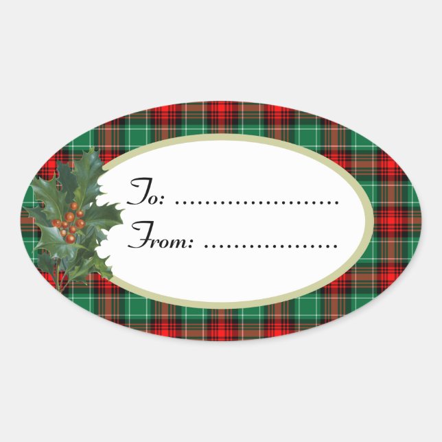 Pegatina Ovalada Holly Red Green Holiday Plaid Personalizado Gift P (Anverso)