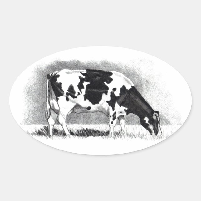 Pegatina Ovalada Holstein Cow: Dibujo de lápiz: Granja, país (Anverso)