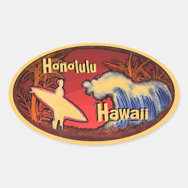 Pegatina Ovalada Honolulu Hawaii olas surfistas pegatinas naranjas  (Anverso)