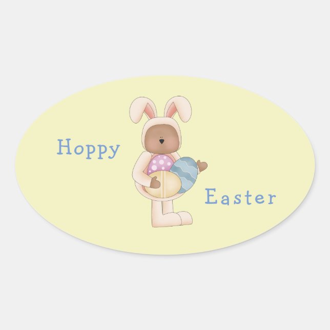 Pegatina Ovalada Hoppy Easter Bunny Teddy Bear (Anverso)