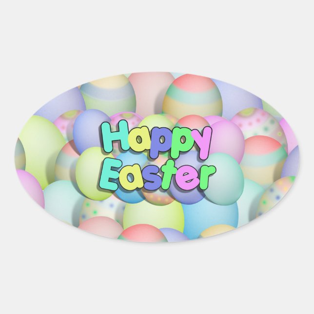 Pegatina Ovalada Huevos de Pascua Coloridos - Feliz Pascua (Anverso)