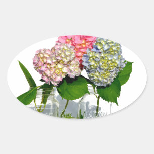 Pegatina Ovalada Hydrangeas y Mason jar