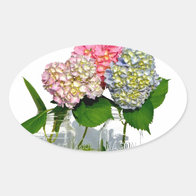 Pegatina Ovalada Hydrangeas y Mason jar (Anverso)