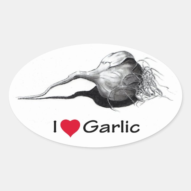 Pegatina Ovalada I Love (Heart Garlic): Dibujo a lápiz, realismo (Anverso)