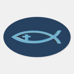 Pegatina Ovalada Ichthus - Símbolo cristiano de pescado con crucifi