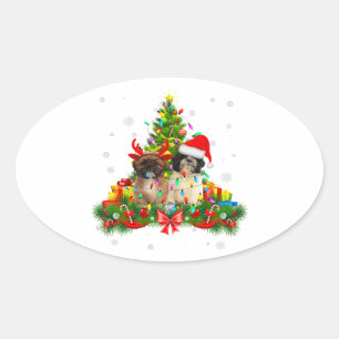 Pegatina Ovalada Iluminación del árbol de Navidad Shih Tzu   Perro 