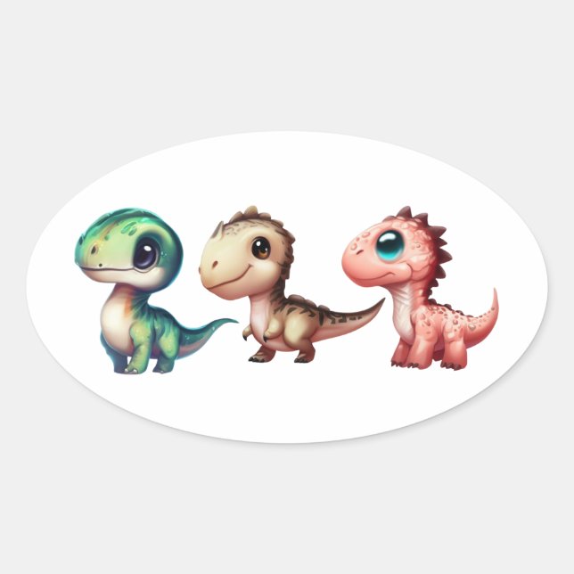 Pegatina Ovalada Ilustracion de Dinosaurios Infantiles (Anverso)