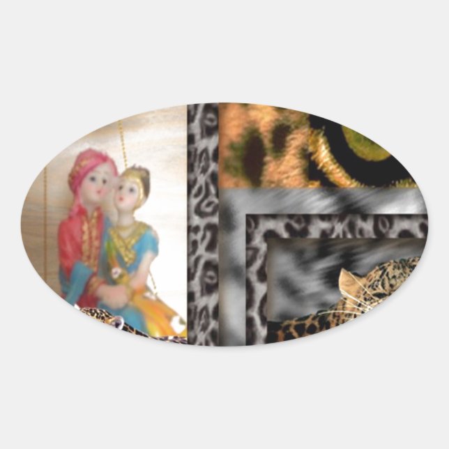 Pegatina Ovalada Impresión artística de tigre y pareja (Anverso)