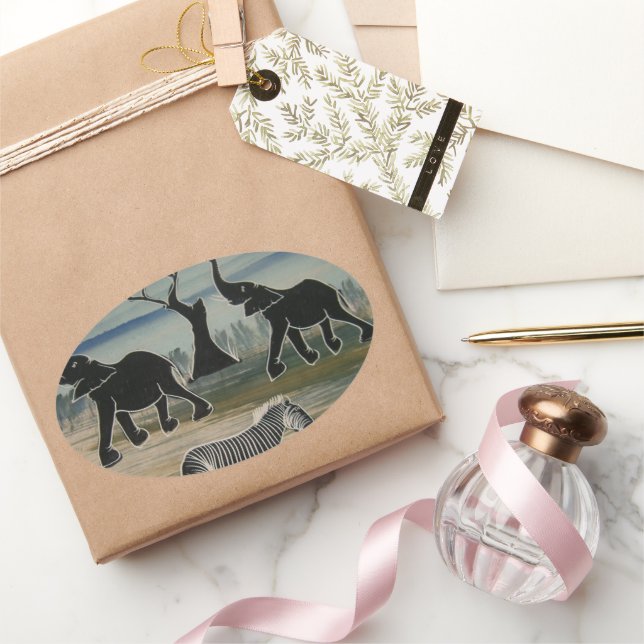 Pegatina Ovalada Impresión de elefantes africanos (Regalar)