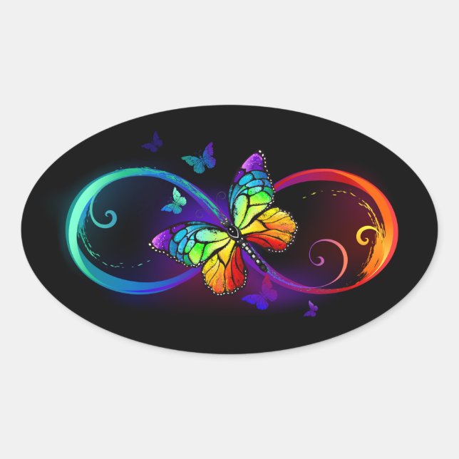Pegatina Ovalada Infinito vibrante con mariposa arco iris sobre neg (Anverso)