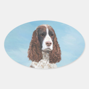 Pegatina Ovalada Inglés Springer Spaniel Pintura Original Perro Art