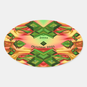 Pegatina Ovalada JESSA ~ NAVIDADES 2025 Fractal Verde Amarillo Rojo