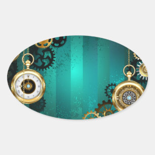 Pegatina Ovalada Joyería Steampunk Reloj en un fondo verde
