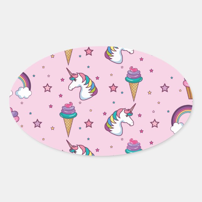 Pegatina Ovalada Kawaii Cupcake Icecream Unicorn Fairytale (Anverso)