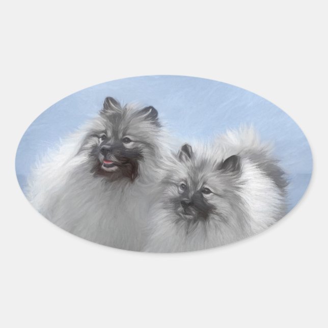Pegatina Ovalada Keeshond Pair de Kees pintura animal original (Anverso)