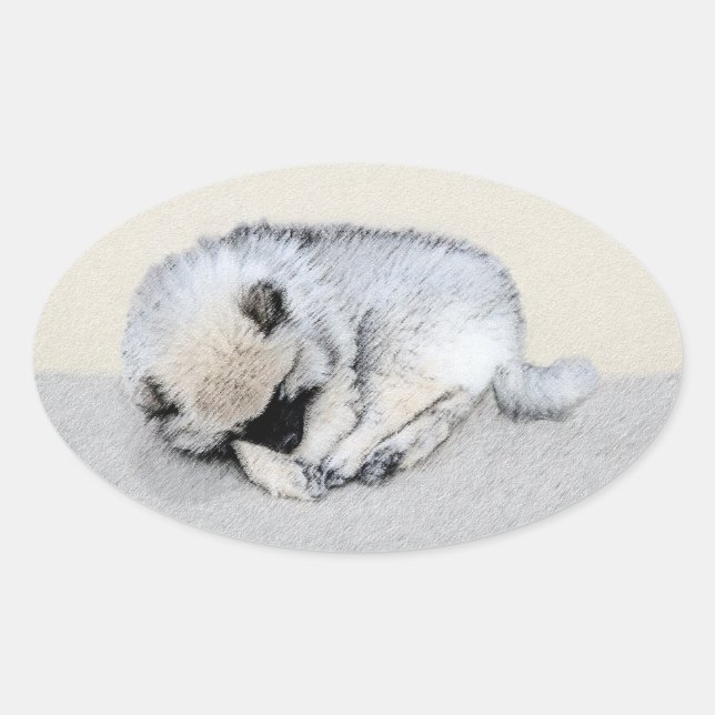 Pegatina Ovalada Keeshond Sleeping Pinting Pintura Original De Perr (Anverso)