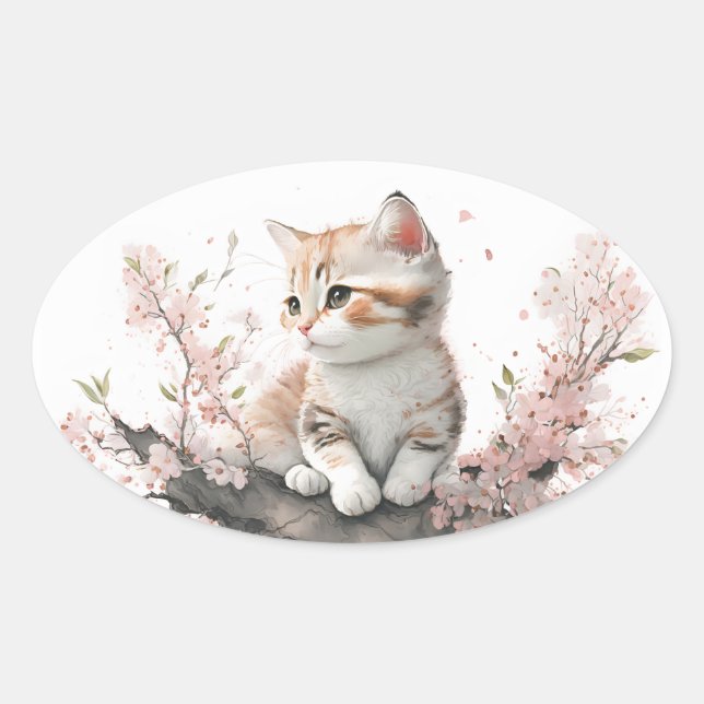 Pegatina Ovalada Kitty acuarela con flores rosas (Anverso)