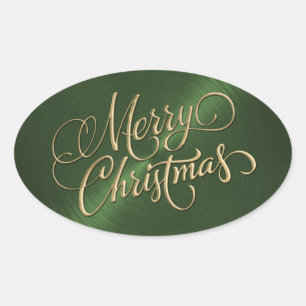Pegatina Ovalada La Feliz Navidad Dorada en Verde