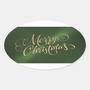 Pegatina Ovalada La Feliz Navidad Dorada en Verde
