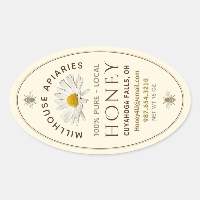 Pegatina Ovalada La mano embotellada local Honey Daisy and Bees Ivo (Anverso)