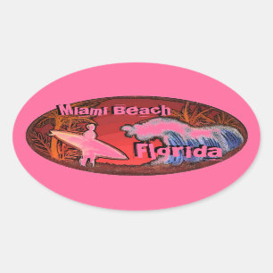 Pegatina Ovalada La persona que practica surf rosada de Miami Beach