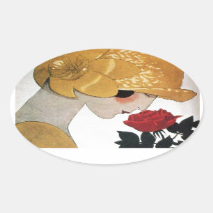 PEGATINA OVALADA LADY CON ROSA ROJA