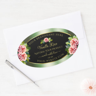 Pegatina Ovalada Láminas de oro negro verde floral Rosas rosadas