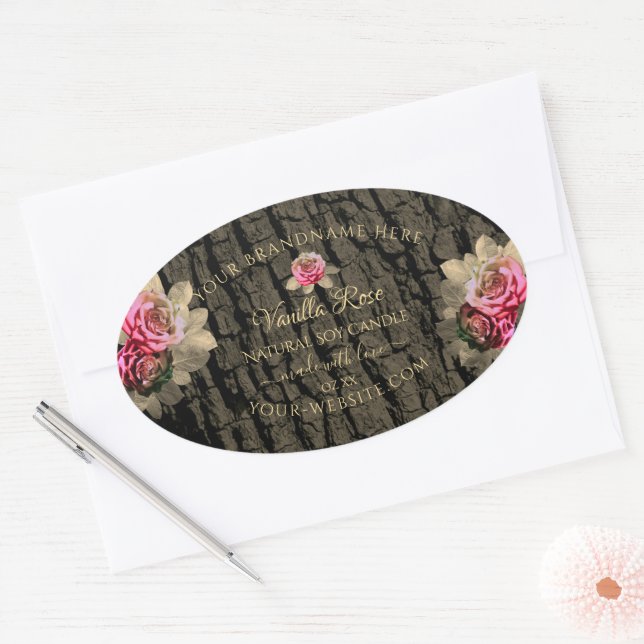 Pegatina Ovalada Láminas rosadas de grano de madera oscura marrón (Sobre)