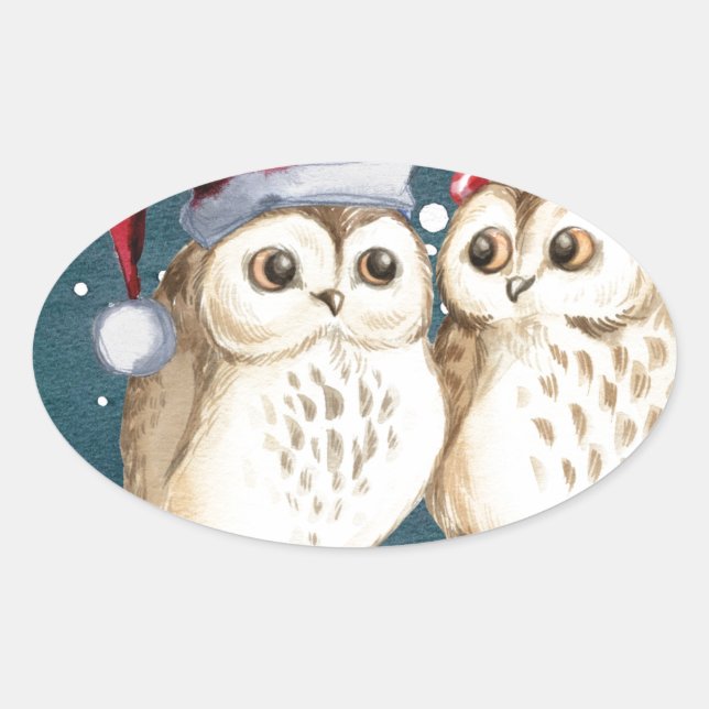 Pegatina Ovalada Lechuzas de navidades-cereza (Anverso)
