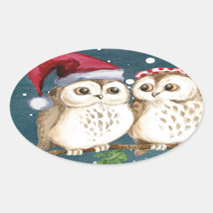Pegatina Ovalada Lechuzas de navidades-cereza