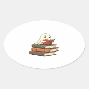 Pegatina Ovalada Lector de fantasma feliz - Gusano de biblioteca es