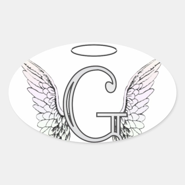 Pegatina Ovalada Letra G Monograma inicial con Angel Wings & Halo (Anverso)