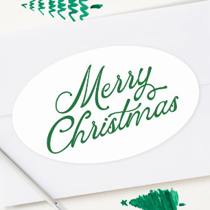 Pegatina Ovalada Letras de Feliz Navidad Verde y Blanco