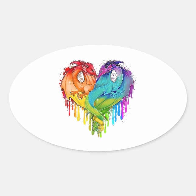 Pegatina Ovalada Lgbt Dragon Heart Rainbow Heart Dragon Lgbt Pride (Anverso)