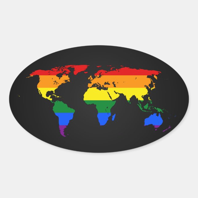 Pegatina Ovalada LGBT rainbow pride world map Stickers (Anverso)