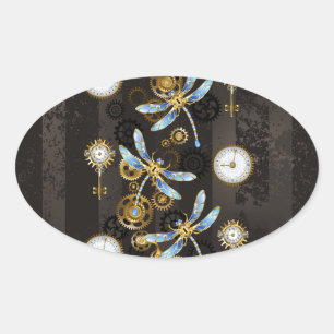 Pegatina Ovalada Libélulas Steampunk sobre fondo rayado marrón