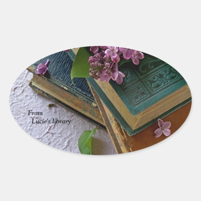 Pegatina Ovalada Libros antiguos y licores (Anverso)