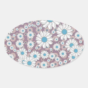 Pegatina Ovalada Lindas Margaritas de Fantasía Lavanda Blanco Azul