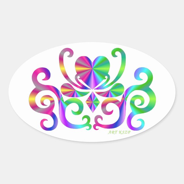Pegatina Ovalada Lirio arcoiris y corazón (Anverso)