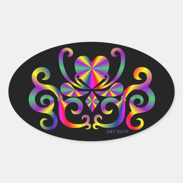 Pegatina Ovalada Lirio arcoiris y corazón (Anverso)