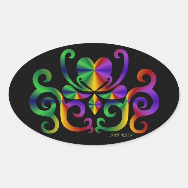 Pegatina Ovalada Lirio arcoiris y corazón (Anverso)