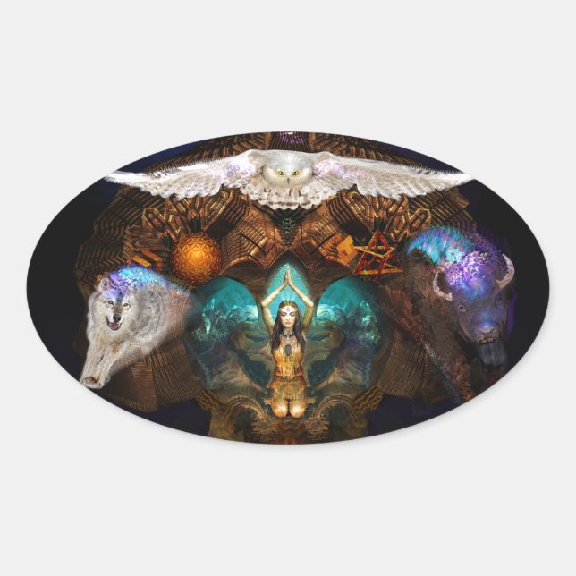 Pegatina Ovalada Llamando a los animales espirituales (Anverso)