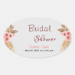 Pegatina Ovalada Lluvia de boda moderna boho rosa color rosado ramo