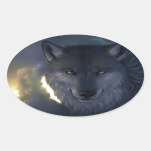 Pegatina Ovalada Lobo de la fantasía